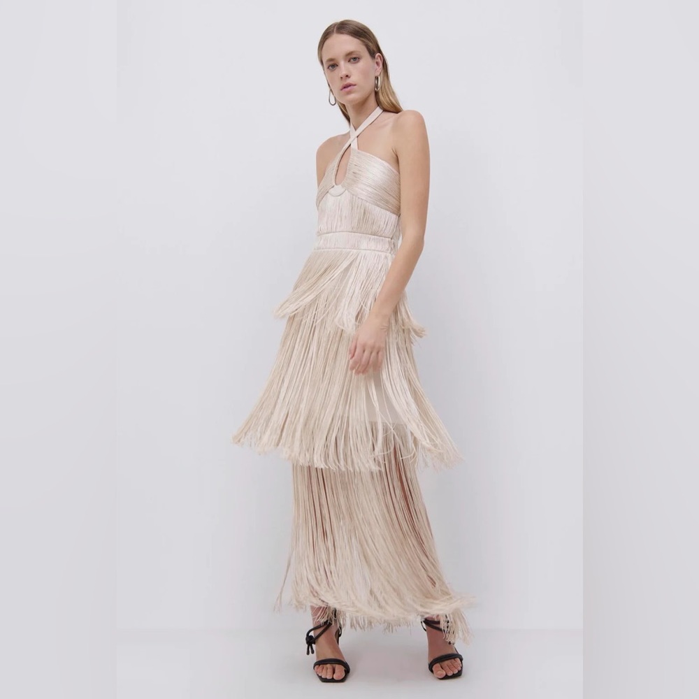 Baldwin Draped Fringe Halter Dress in Champagne